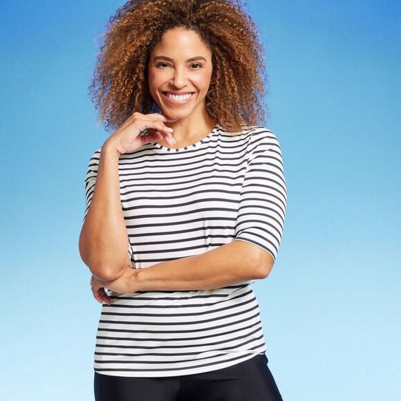 Lands' End - Women's Rashguard Swim Top Navy Blue Wh Navy Blue/White - Picture 3 of 4